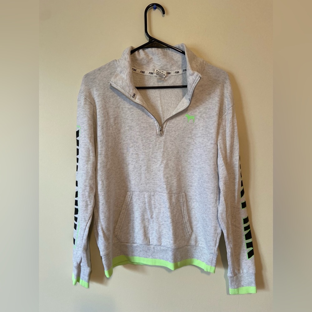 VS PINK Quarter Zip Sweatshirt in Light Grey, Black, and Neon Green - size XS